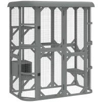 PawHut Catio Outdoor Cat Enclosure,  Wooden Cat House with Platforms, Condo and Waterproof Cover for 2–3 Kittens, Grey(m-1)