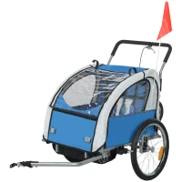 HOMCOM 2 Seat Bike Trailer with 5 Point Harness, Baby Bike Stroller with Safety Flag, Reflectors, for 18+ Months, Blue(m-11)