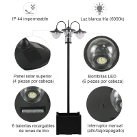 Outsunny Farol Solar de Jardín con 18 Luces LED Blanca Fría 6000K IP44 para Camino Terraza Patio 60x55x189 cm Negro(m-6)
