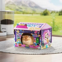 PawHut 2 in 1 Gaming Style Cardboard Cat House with Scratching Board & Catnip for Indoor Cats, Pink(m-8)