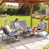 Outsunny 4-Sitzer Gartenmöbel-Set, 2 Stühle, 1 Doppel-Sofa, 1 Tisch, dicke Kissen, Stahlrahmen, für Terrasse, Grau(m-2)