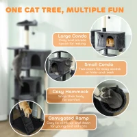 PawHut 180cm Large Cat Tree Tower with Sisal Scratching Posts, Condos, Plush Perches, Hammock, Ladder, Dark Grey(m-4)