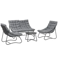 Outsunny 4-Sitzer Gartenmöbel-Set, 2 Stühle, 1 Doppel-Sofa, 1 Tisch, dicke Kissen, Stahlrahmen, für Terrasse, Grau(m-1)