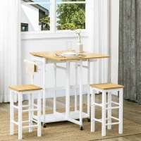 HOMCOM Kitchen Island Set with 2 Stools, Bamboo Breakfast Cart with Drop Leaf Top, Drawers and Towel Rack, Rolling Kitchen Cart and Chairs Set, White(m-11)