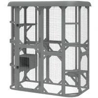 PawHut Catio Outdoor Cat Enclosure,  Wooden Cat House with Platforms, Condo and Waterproof Cover for 2–3 Kittens, Grey(m-11)