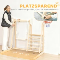 AIYAPLAY 5-in-1 Indoor-Klettergerüst mit Rutsche, Schaukel, Kletternetz, Basketballkorb, klappbar, 3-6 Jahre, Naturholz(m-8)