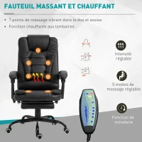 HOMCOM Fauteuil de bureau direction massant chauffant hauteur réglable dossier inclinable repose-pied + coussin lombaires intégrés revêtement synthétique noir(m-6)