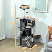 PawHut 140cm Large Cat Tree Tower with Sisal Scratching Posts, Cat Houses, Plush Perches, Hammock, Ladder, Dark Grey(m-3)