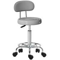 HOMCOM Tabouret roulant, tabouret pivotant et réglable avec dossier, revêtement en similicuir, repose-pieds, pour tables de coiffure, Gris