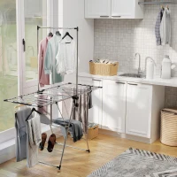 HOMCOM Wäscheständer faltbar Standtrockner mit verstellbare Flügel, Schuhhaltern, Edelstahl, 156,5 x 68 x 192 cm, Silber(m-9)