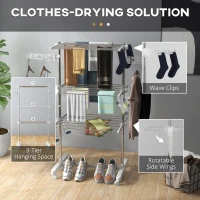 HOMCOM 3-Tier Clothes Airer, Stainless Steel Foldable Clothes Drying Rack with Wheels and Wings, Indoor and Outdoor, Easy Assembly, 142 x 55 x 152cm, White(m-5)