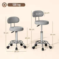 HOMCOM Tabouret roulant, tabouret pivotant et réglable avec dossier, revêtement en similicuir, repose-pieds, pour tables de coiffure, Gris(m-3)