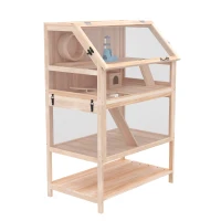 PawHut Jaula para hámster de madera 3 niveles Jaula para roedores con base desmontable, estante, rueda, balancín, rampa, casita 80x53x117cm Madera natural(m-1)