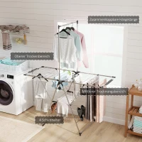 HOMCOM Wäscheständer faltbar Standtrockner mit verstellbare Flügel, Schuhhaltern, Edelstahl, 156,5 x 68 x 192 cm, Silber(m-4)
