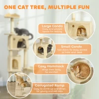 PawHut 180cm Large Cat Tree Tower with Sisal Scratching Posts, Condos, Plush Perches, Hammock, Ladder, Beige(m-4)