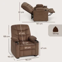 HOMCOM Electric Massage Recliner Armchair with Vibration, Heat, Whisper-Quiet Motor, Memory Function, Fleece Power Reclining Chair with Spring Pack, USB Port, Footrest, Side Pocket, Cup Holders, Brown(m-3)