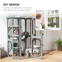 PawHut Catio Outdoor Cat Enclosure,  Wooden Cat House with Platforms, Condo and Waterproof Cover for 2–3 Kittens, Grey(m-6)