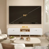 HOMCOM 200 cm TV-Kommode für Fernseher bis zu 90 Zoll, 2 Klappenfächer, offenes Fach, Schublade, 8 Beine, Spanplatte, Weiß(m-5)