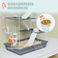 PawHut Gaiola para Hámster 47x30x70 cm Gaiola para Roedores com Túnel Plataformas Tigela Bebedouro Casinha Rampas e Roda Cinzen(m-6)