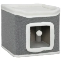 PawHut Cat House for Indoor Kittens, 2-Level Cat Cave Bed with Fluffy Balls, Top Bed, Kitten Barrel for Multi Kitties, Grey(m-1)