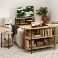 HOMCOM Mesa Auxiliar Redonda de 2 Niveles con Estante y Estructura de Acero para Salón Dormitorio 43,5x43,5x51 cm Natural(m-8)