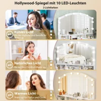 HOMCOM Schminktisch mit 10 LED-Hollywood-Lampen, Spiegel, 7 Schubladen, 3 Fächer, MDF, Weiß(m-4)
