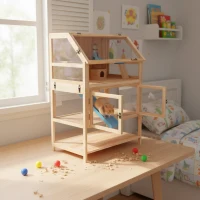 PawHut Jaula para hámster de madera 3 niveles Jaula para roedores con base desmontable, estante, rueda, balancín, rampa, casita 80x53x117cm Madera natural(m-2)