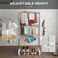HOMCOM 3-Tier Clothes Airer, Stainless Steel Foldable Clothes Drying Rack with Wheels and Wings, Indoor and Outdoor, Easy Assembly, 142 x 55 x 152cm, White(m-4)