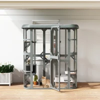 PawHut Catio Outdoor Cat Enclosure,  Wooden Cat House with Platforms, Condo and Waterproof Cover for 2–3 Kittens, Grey(m-8)