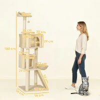 PawHut 180cm Large Cat Tree Tower with Sisal Scratching Posts, Condos, Plush Perches, Hammock, Ladder, Beige(m-3)