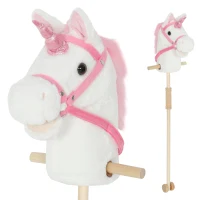 AIYAPLAY Unicorn Stick Horse with Wood Wheels, Real Pony Neighing and Galloping Sounds, Grip Handle, 95 cm, White(m-11)