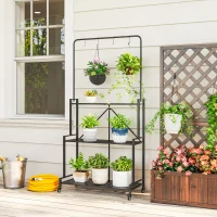 Outsunny 3-Etagen Pflanzenständer Klappbar Blumenständer mit Rolle, Haken, Pflanzenregal aus Metall, Schwarz(m-2)