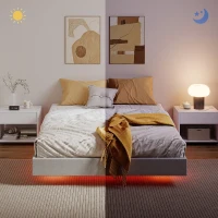 HOMCOM Cadre de lit flottant 140 x 190 cm avec éclairage LED, lit double rembourré en lin, sommier à lattes en bois, beige(m-9)