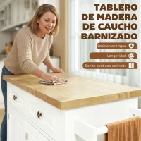 HOMCOM Isla de Cocina con Ruedas Mueble Auxiliar de Cocina con Especiero y Barra Lateral 111x44,5x82,5 cm Blanco(m-4)