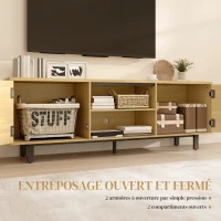 HOMCOM Meuble TV, meuble télé jusqu'à 65 pouces, 2 portes à ouverture par pression et 2 étagères, 160x35x55,5cm, bois naturel(m-4)