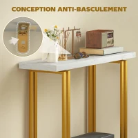 HOMCOM Table console, table d'entrée, avec plateau imitation marbre, structure en acier, 100 x 30 x 78,5 cm, blanc et or(m-6)