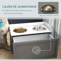 PawHut Comedero Elevado para Perros Grandes con 2 Cuencos de 2000 ml de Acero Inoxidable y 1 Cajón 63x30x36 cm Gris y Blanco(m-5)