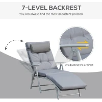 Outsunny Patio Sun Lounger Garden Textilene Foldable Reclining Chair Adjustable Recliner with Cushion Pillow - Grey(m-17)