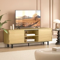 HOMCOM Meuble TV, meuble télé jusqu'à 65 pouces, 2 portes à ouverture par pression et 2 étagères, 160x35x55,5cm, bois naturel(m-10)
