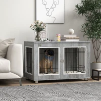 PawHut Dog Crate Furniture End Table, with Washable Cushion, Double Doors, for Medium/Large Dogs, Grey(m-2)