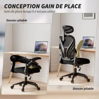 HOMCOM Chaise bureau, fauteuil de bureau en maille, dossier rabattable, appui-tête 2D, accoudoirs relevables, 73x62x136cm, noir(m-7)