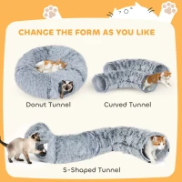 PawHut 2-in-1 Donut Cat Tunnel with Washable Bed, Play Tunnel Bed with Toy Ball and Door Hole for Indoor Cats, Light Grey(m-4)
