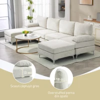 HOMCOM Canapea Modulară de 4 Locuri cu 2 Fotolii pentru Picioare, Perne pentru Brațe și Spătar, 313x149x88 cm, Crem Alb(m-6)