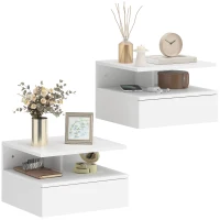 HOMCOM Set of 2 Floating Nightstands with Drawer Wall-Mounted 35x32x22.5 cm White(m-6)