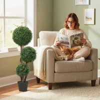 HOMCOM Kunstplant Buxusbol drievoudig, kunstplant met houten stam in pot, 30 x 30 x 100 cm, Groen(m-2)