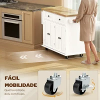HOMCOM Ilha de Cozinha com Rodas 2 Gavetas 4 Portas Suporte para Temperos e Barra Lateral 111x44,5x82,5cm Branco e Madeira(m-7)