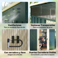 Outsunny Cobertizo de Jardín 195x122x181,5 cm con Puertas Correderas 2 Ventanas y Ganchos para Almacenar Herramientas Verde(m-7)