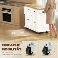 HOMCOM Küchenschrank, Servierwagen, Kücheninsel mit Rollen, Küchenwagen, Küchenregal mit Schublade und verstellbares Regal, Gummiholz, MDF, Spanplatte, Weiß, 111 x 44,5 x 82,5 cm(m-7)
