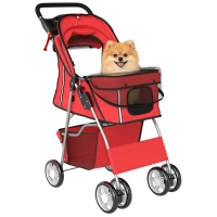 PawHut Carrinho para Cães Dobrável com Fitas Refletoras, Rodas Giratórias, Travões e Almofada Lavável, Vermelho(m-6)