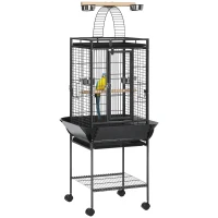 PawHut 156cm Bird Cage,Large Parrot Cage with Open Play Top, Perch, Seed Guard, Wheels, Storage Shelf, Dark Grey(m-10)